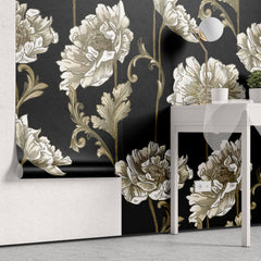 Tapet Personalizat Floral cu flori albe in stil elegant - BLACK & WHITE FLORAL PATTERN