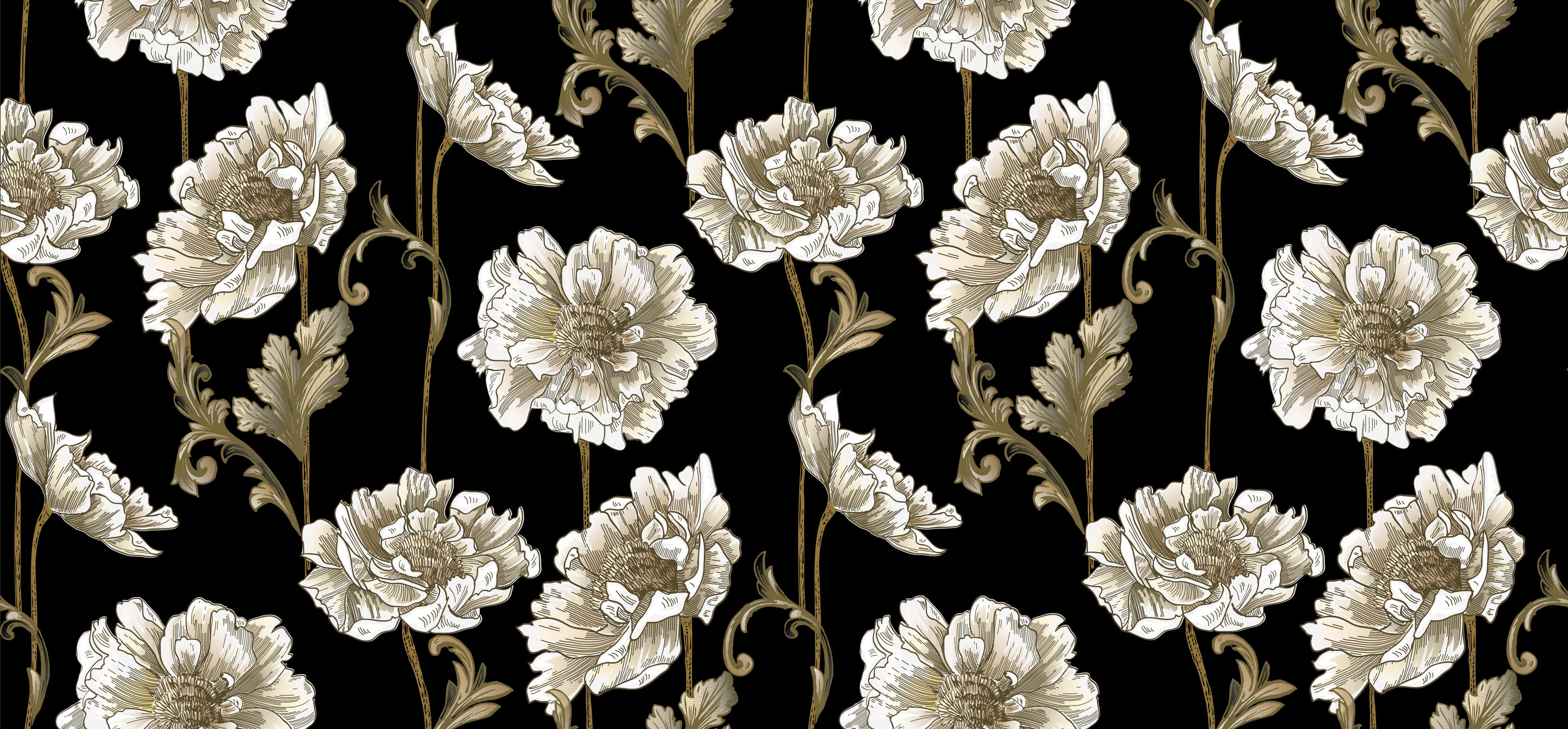 Tapet personalizat - BLACK & WHITE FLORAL PATTERN