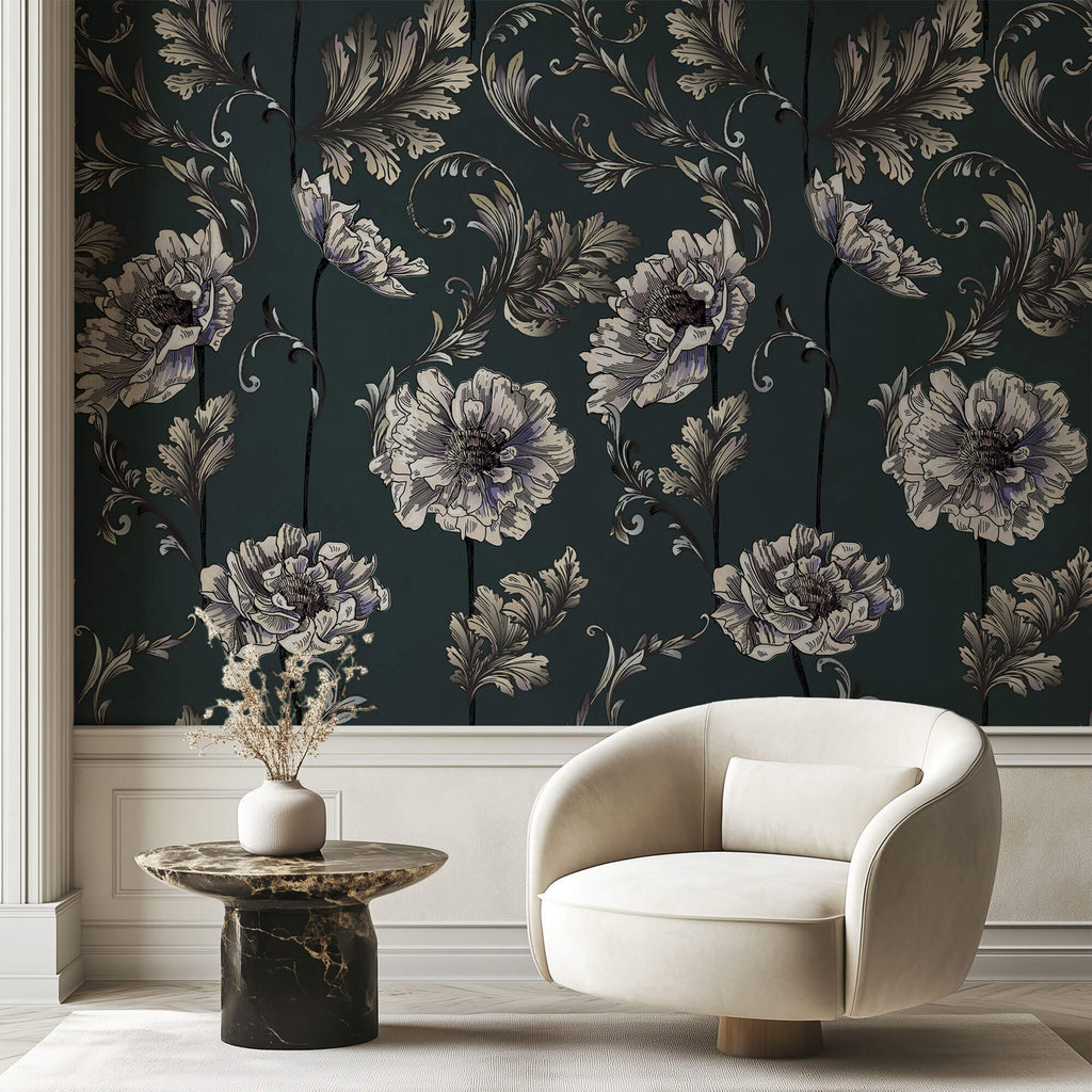 Tapet Personalizat Floral cu flori albe in stil elegant si fundal verde inchis - HAND-DRAWN ELEGANCE