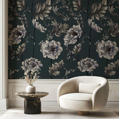 Tapet Personalizat Floral cu flori albe in stil elegant si fundal verde inchis - HAND-DRAWN ELEGANCE