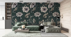 Tapet Personalizat Floral cu flori albe in stil elegant si fundal verde inchis - HAND-DRAWN ELEGANCE