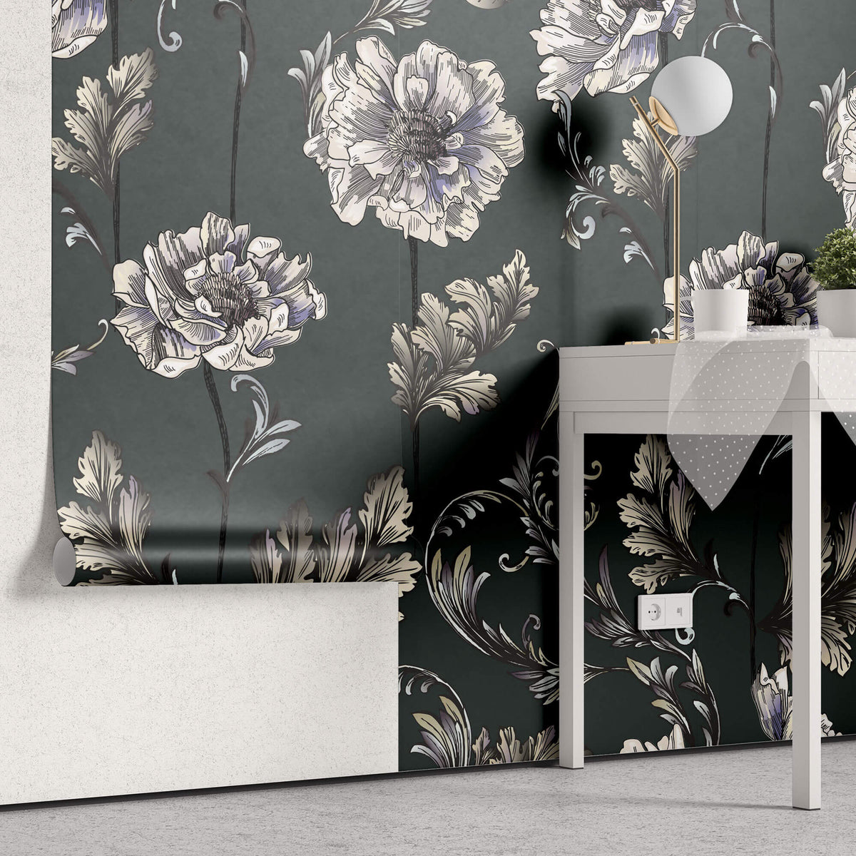 Tapet Personalizat Floral cu flori albe in stil elegant si fundal verde inchis - HAND-DRAWN ELEGANCE