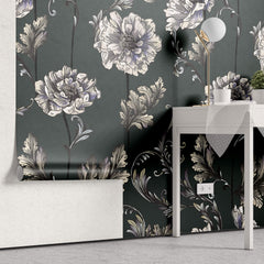 Tapet Personalizat Floral cu flori albe in stil elegant si fundal verde inchis - HAND-DRAWN ELEGANCE