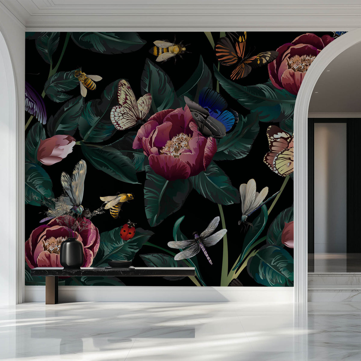 Tapet Personalizat Floral cu ilustratie florala cu plante si insecte - BEES AND FLOWERS