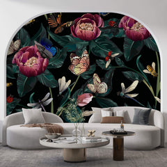Tapet Personalizat Floral cu ilustratie florala cu plante si insecte - BEES AND FLOWERS