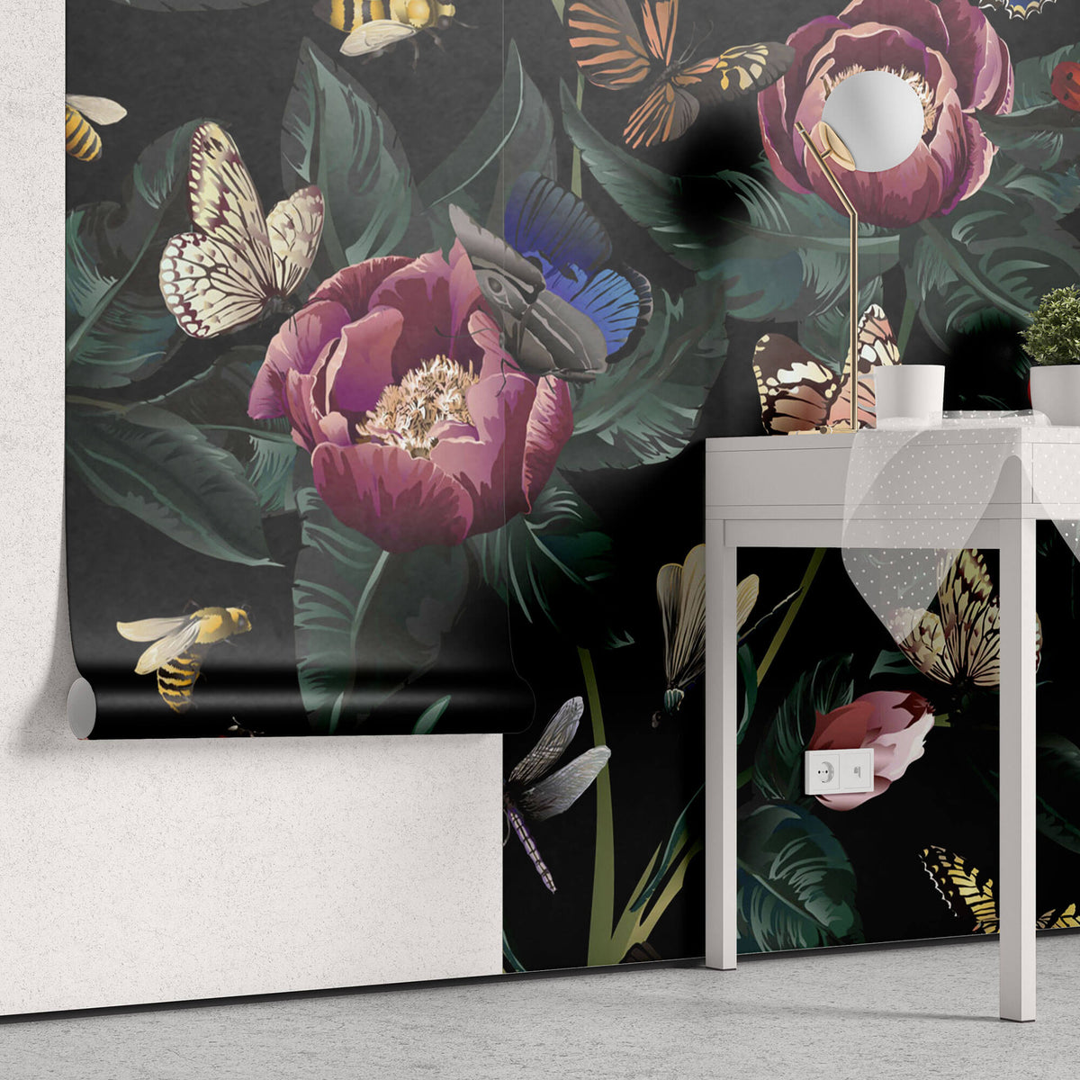 Tapet Personalizat Floral cu ilustratie florala cu plante si insecte - BEES AND FLOWERS