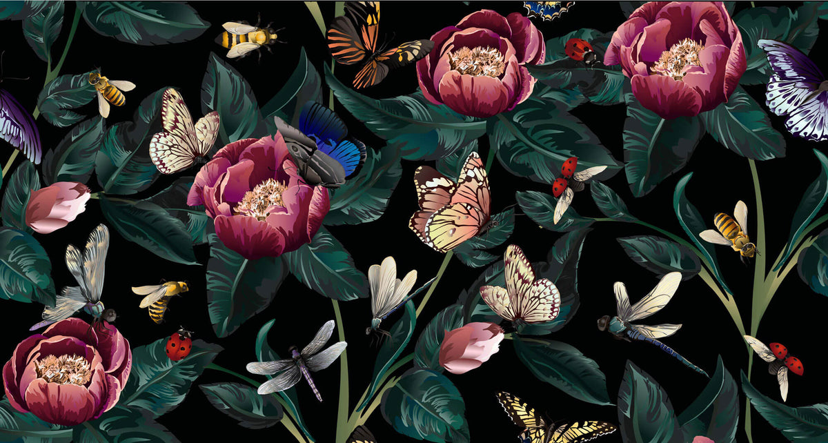 Tapet Personalizat Floral cu ilustratie florala cu plante si insecte - BEES AND FLOWERS