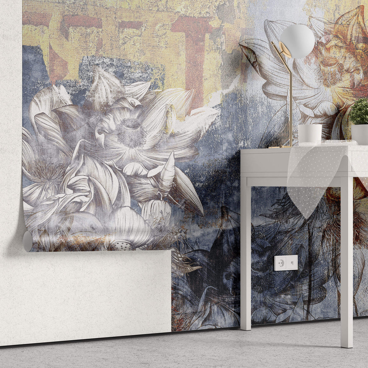 Tapet Personalizat Floral cu flori de lotus in stil vintage - WALL FLOWERS