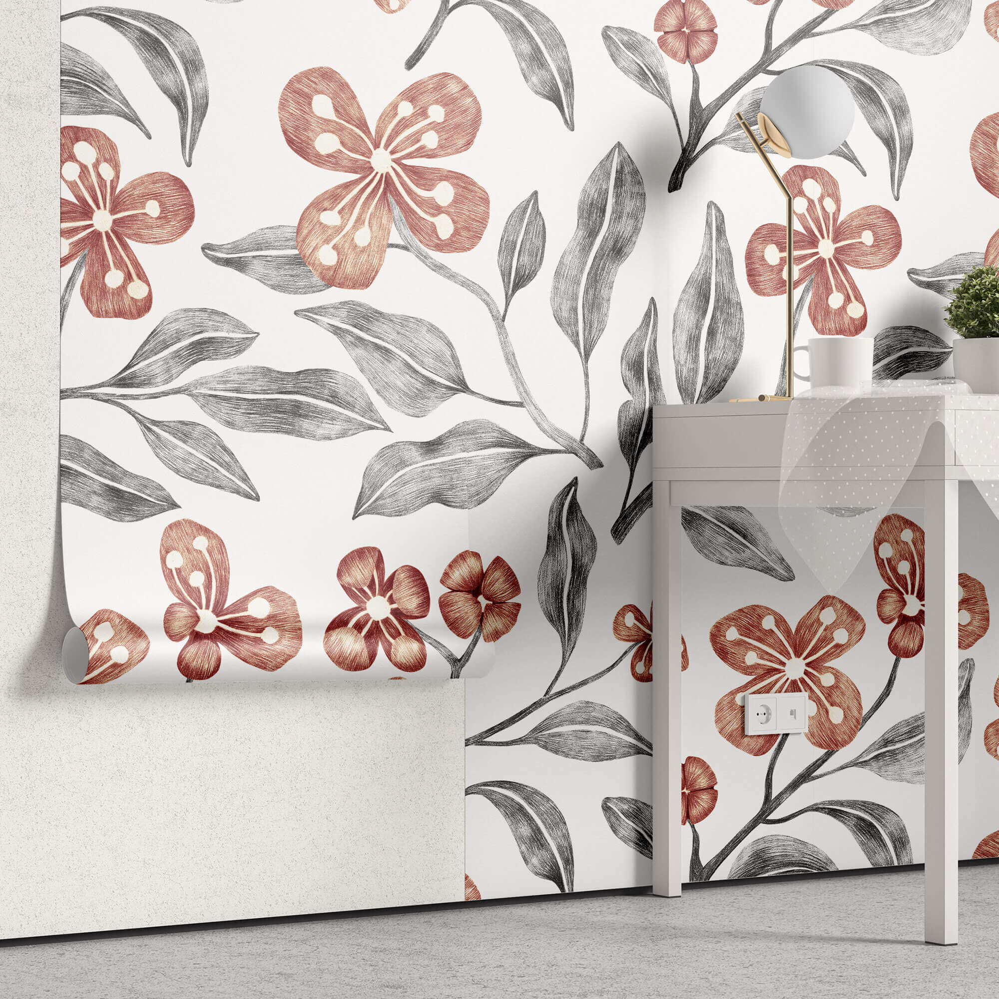 Tapet Personalizat Floral cu flori micute rosii si funze gri - SEAMLESS FLORAL PATTERN