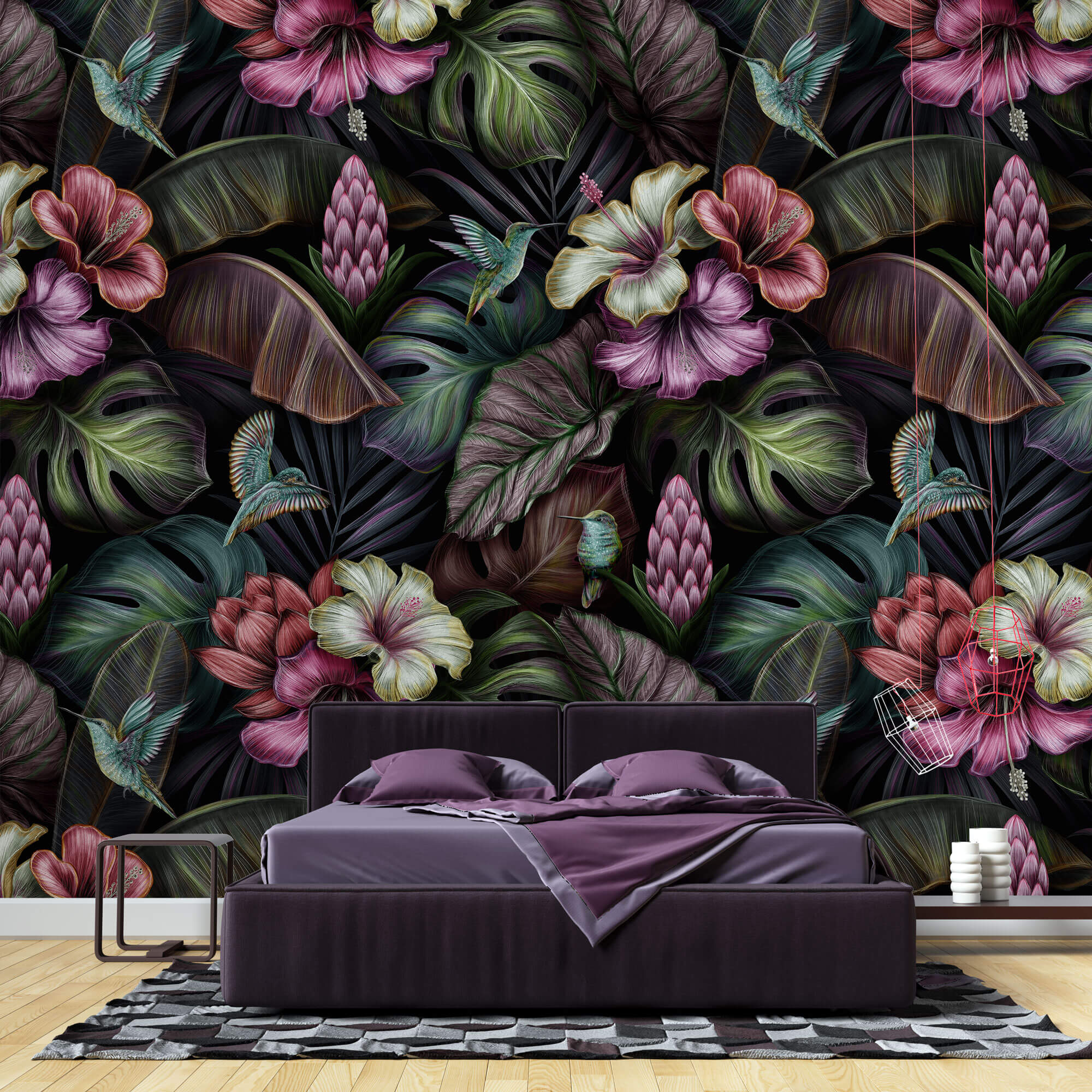 Tapet Personalizat Floral cu hibiscus inflorit multicolor si frunze verde inchis - TROPICAL HIBISCUS