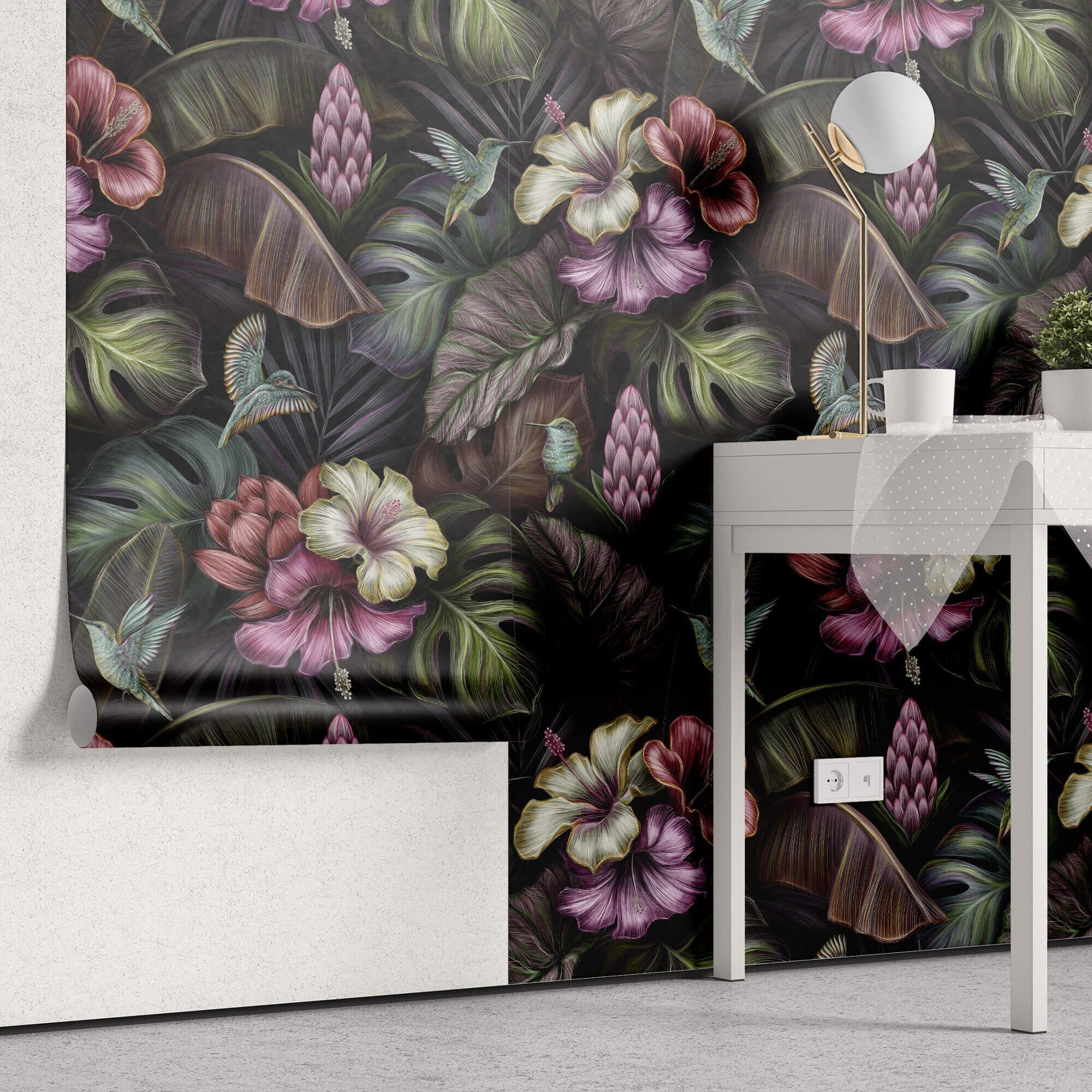 Tapet Personalizat Floral cu hibiscus inflorit multicolor si frunze verde inchis - TROPICAL HIBISCUS