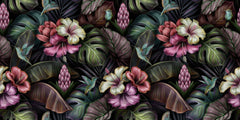 Tapet Personalizat Floral cu hibiscus inflorit multicolor si frunze verde inchis - TROPICAL HIBISCUS