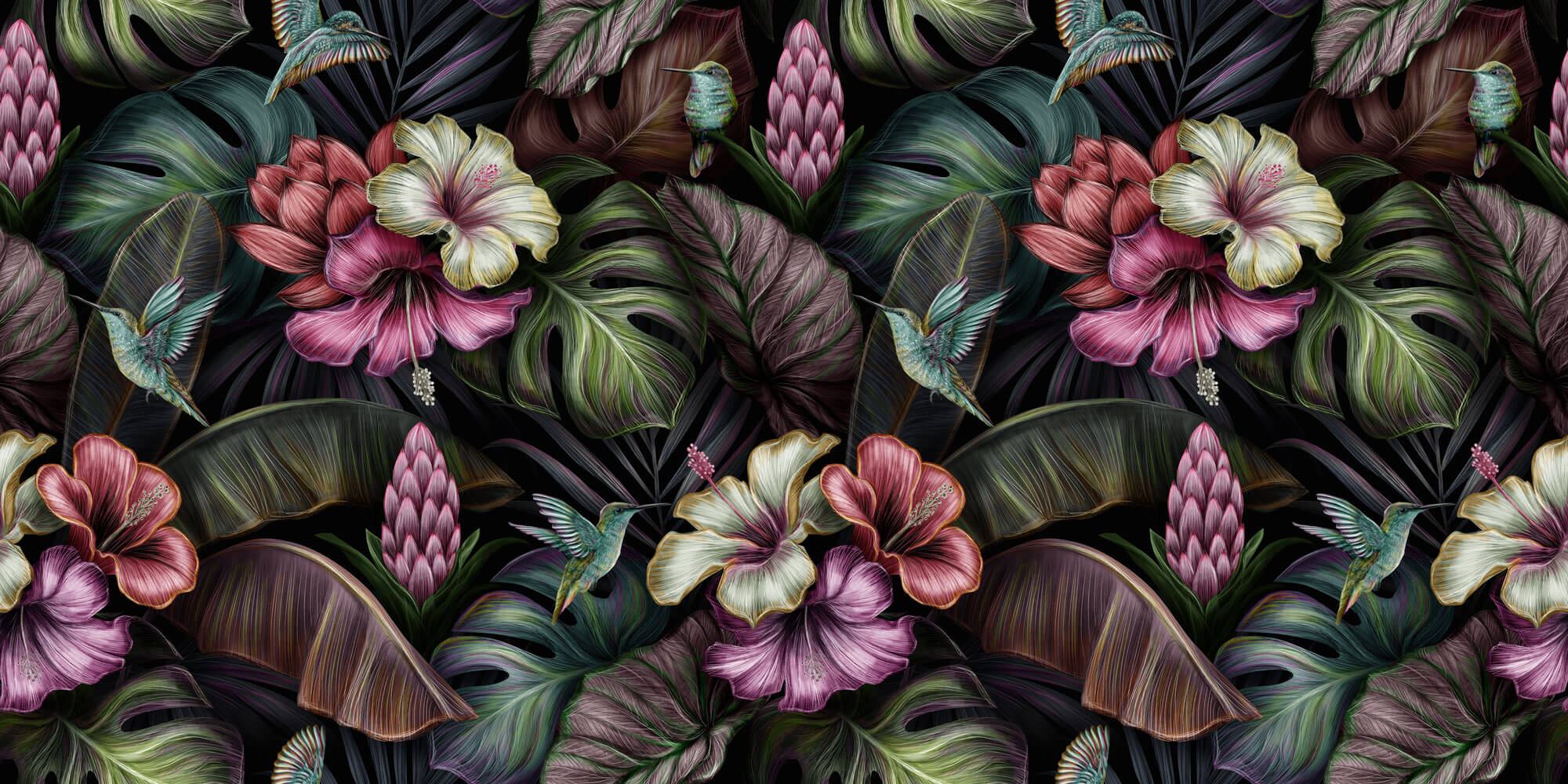 Tapet Personalizat Floral cu hibiscus inflorit multicolor si frunze verde inchis - TROPICAL HIBISCUS