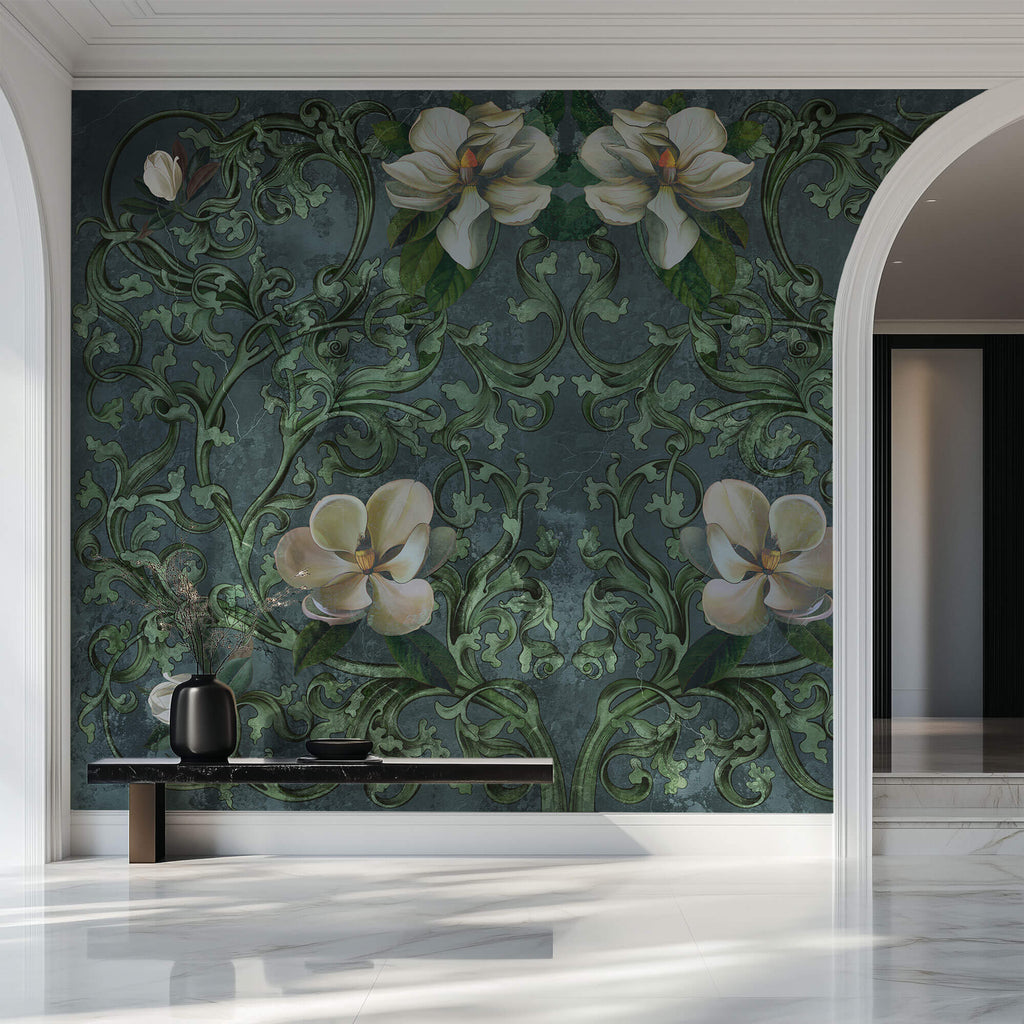 Tapet Personalizat Floral cu ilustratie florala in stil imperial cu fundal verde inchis - GRUNGE FLORAL DECOR