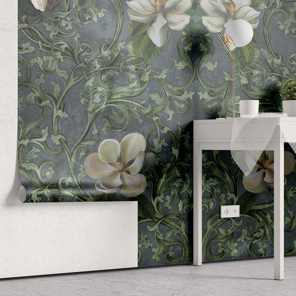 Tapet Personalizat Floral cu ilustratie florala in stil imperial cu fundal verde inchis - GRUNGE FLORAL DECOR