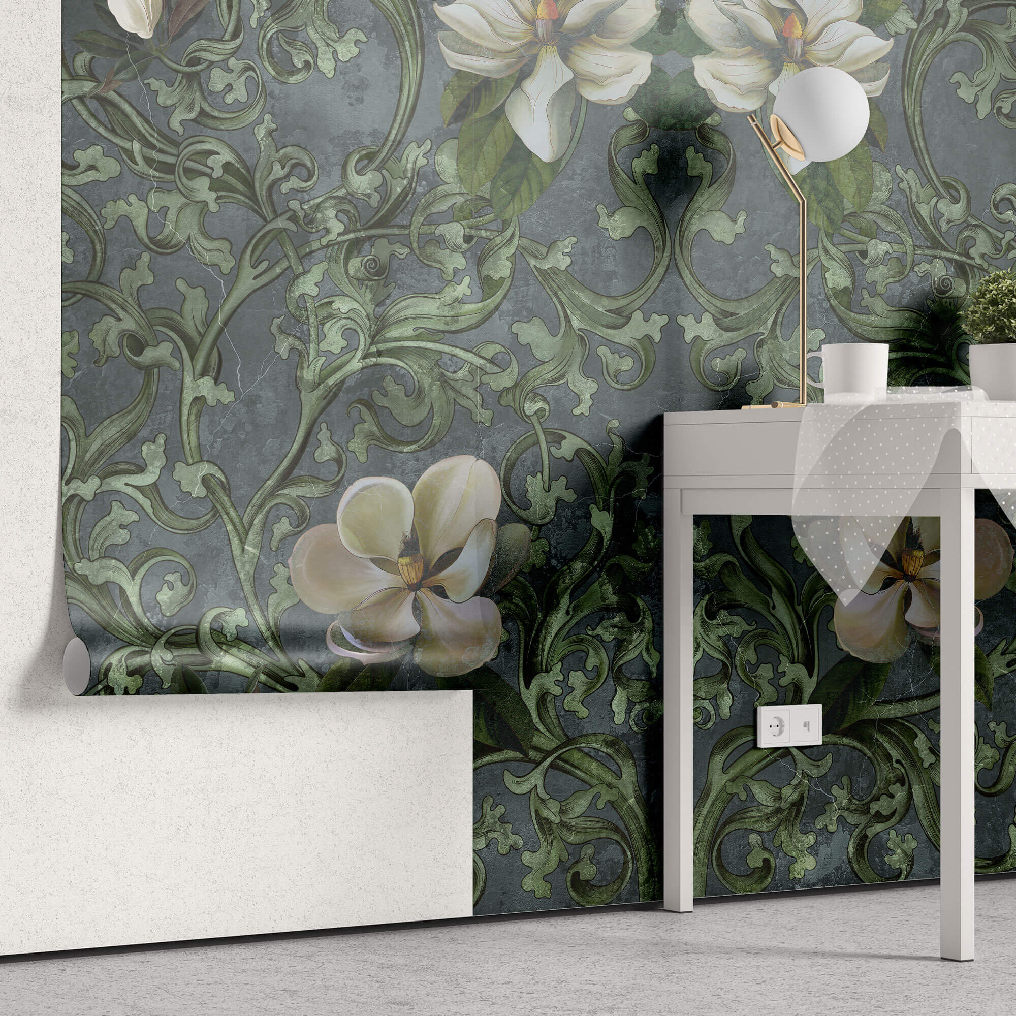 Tapet Personalizat Floral cu ilustratie florala in stil imperial cu fundal verde inchis - GRUNGE FLORAL DECOR