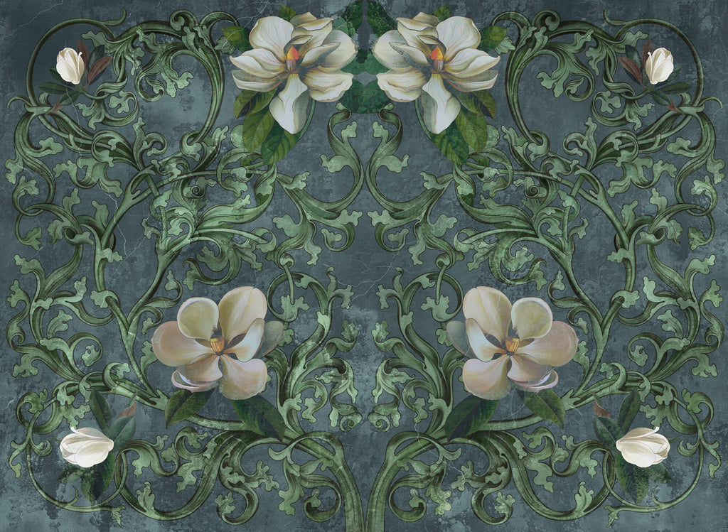 Tapet Personalizat Floral cu ilustratie florala in stil imperial cu fundal verde inchis - GRUNGE FLORAL DECOR