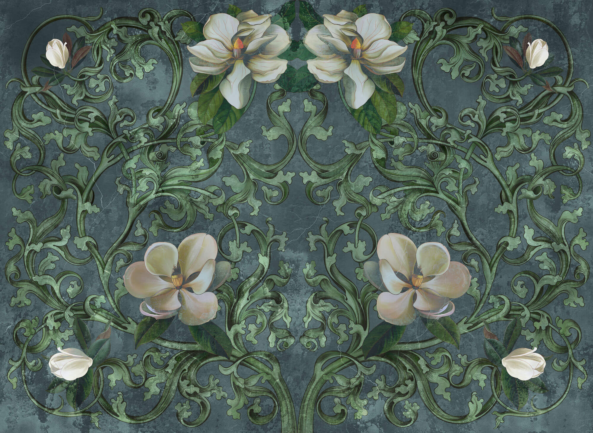 Tapet Personalizat Floral cu ilustratie florala in stil imperial cu fundal verde inchis - GRUNGE FLORAL DECOR