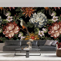 Tapet Personalizat Floral cu flori si pasari ilustrate cu fundal negru - DARK EXOTIC FLOWER PATTERN