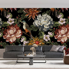 Tapet Personalizat Floral cu flori si pasari ilustrate cu fundal negru - DARK EXOTIC FLOWER PATTERN