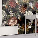 Tapet Personalizat Floral cu flori si pasari ilustrate cu fundal negru - DARK EXOTIC FLOWER PATTERN