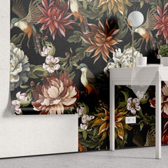Tapet Personalizat Floral cu flori si pasari ilustrate cu fundal negru - DARK EXOTIC FLOWER PATTERN