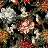 Tapet Personalizat Floral cu flori si pasari ilustrate cu fundal negru - DARK EXOTIC FLOWER PATTERN