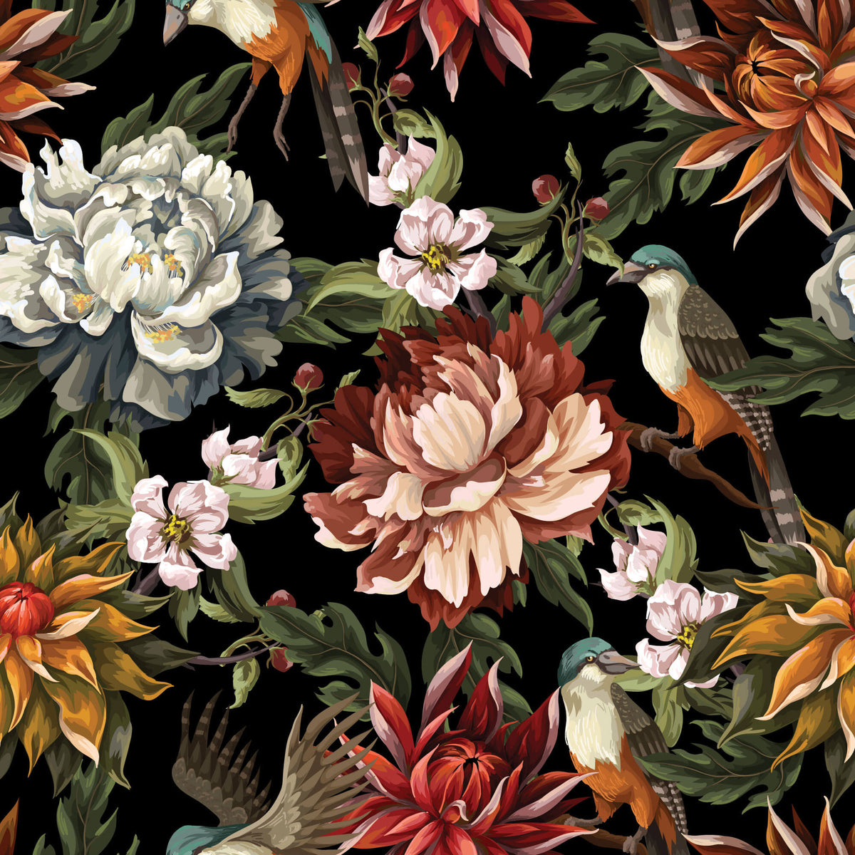Tapet Personalizat Floral cu flori si pasari ilustrate cu fundal negru - DARK EXOTIC FLOWER PATTERN