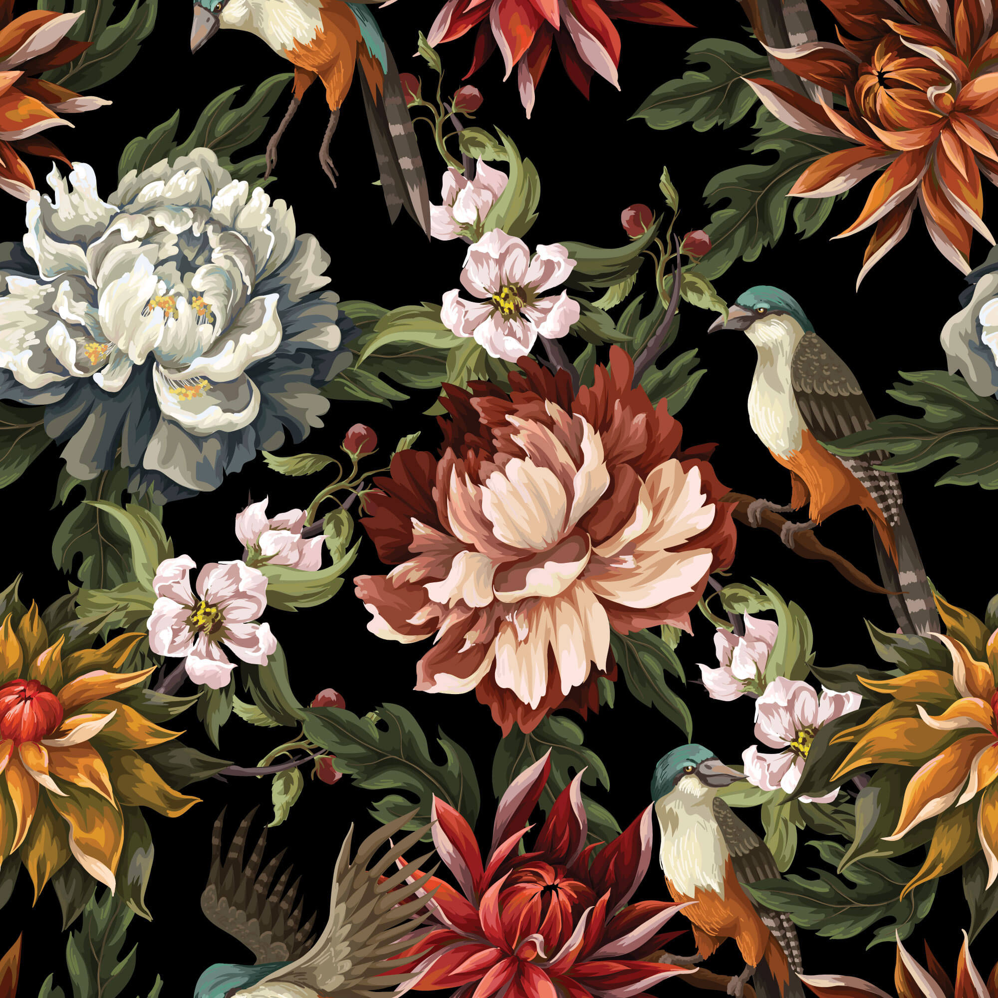 Tapet Personalizat Floral cu flori si pasari ilustrate cu fundal negru - DARK EXOTIC FLOWER PATTERN