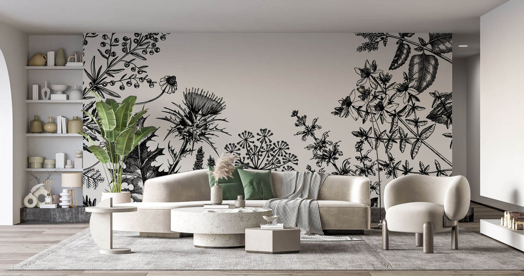 Tapet Personalizat Floral cu flori de camp desenate - MINIMALIST BLACK FLORAL