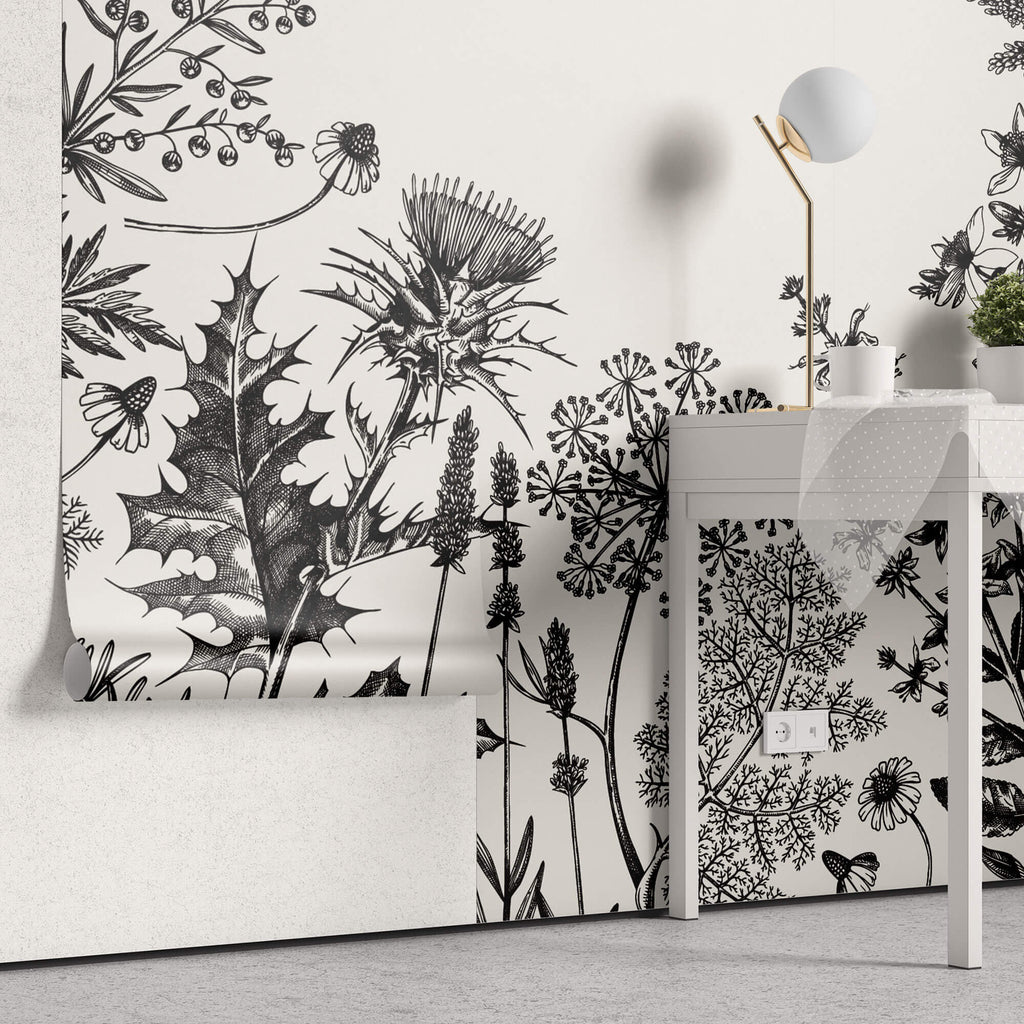 Tapet Personalizat Floral cu flori de camp desenate - MINIMALIST BLACK FLORAL