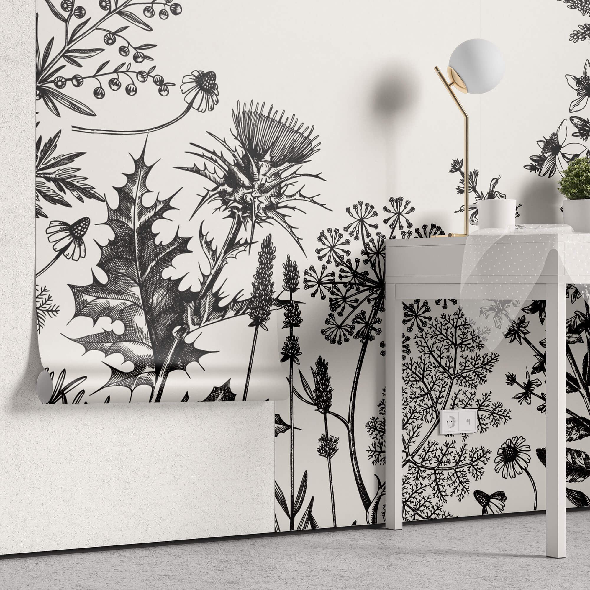 Tapet Personalizat Floral cu flori de camp desenate - MINIMALIST BLACK FLORAL