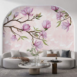 Tapet Personalizat Floral cu ramuri de magnolie mov si fundal roz texturat - MAGNOLIA BRANCH II