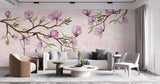 Tapet Personalizat Floral cu ramuri de magnolie mov si fundal roz texturat - MAGNOLIA BRANCH II
