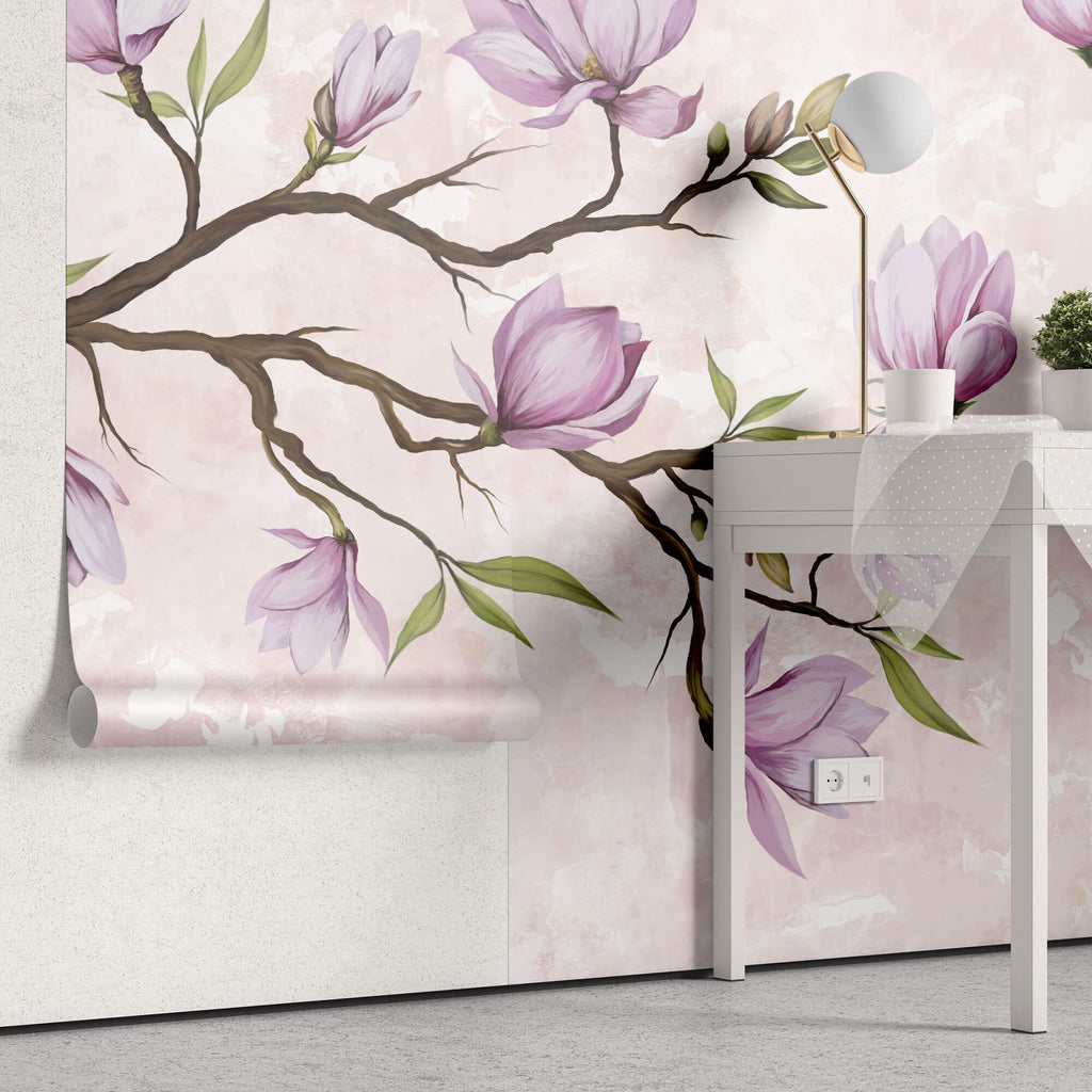 Tapet Personalizat Floral cu ramuri de magnolie mov si fundal roz texturat - MAGNOLIA BRANCH II