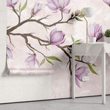 Tapet Personalizat Floral cu ramuri de magnolie mov si fundal roz texturat - MAGNOLIA BRANCH II
