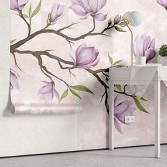 Tapet Personalizat Floral cu ramuri de magnolie mov si fundal roz texturat - MAGNOLIA BRANCH II