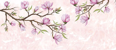 Tapet Personalizat Floral cu ramuri de magnolie mov si fundal roz texturat - MAGNOLIA BRANCH II