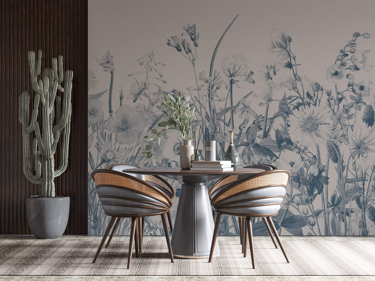 Tapet Personalizat Floral cu flori de camp in nuante albastrui - BLUE TINTED WILDFLOWERS
