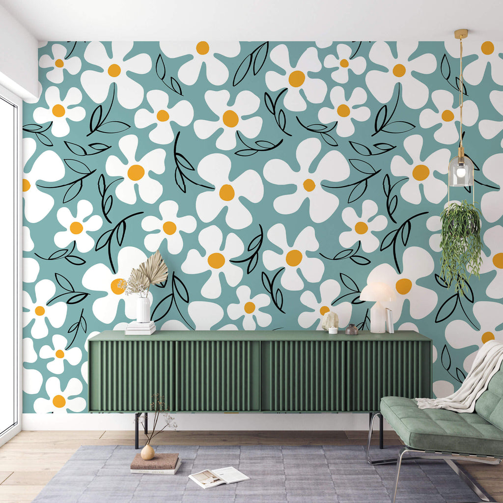 Tapet Personalizat Floral cu margarete ilustrate cu fundal albastru - CARTOON DAISIES