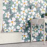 Tapet Personalizat Floral cu margarete ilustrate cu fundal albastru - CARTOON DAISIES