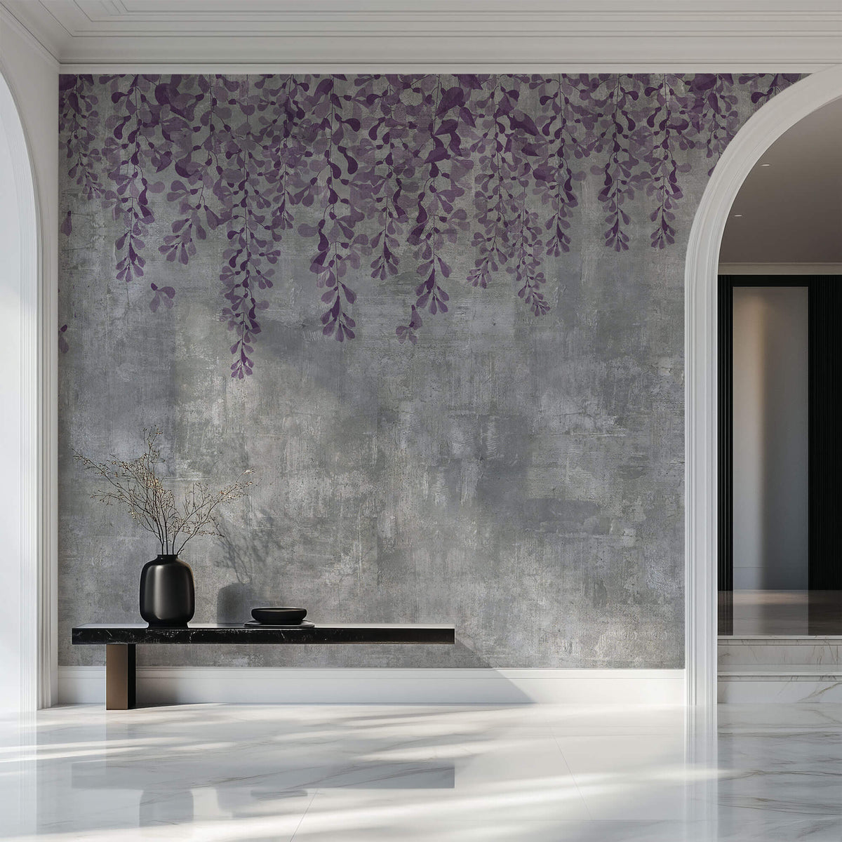 Tapet Personalizat Floral cu flori curgatoare mov pe un perete de ciment gri - CONCRETE LILA FLOWERS