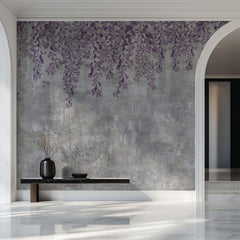 Tapet Personalizat Floral cu flori curgatoare mov pe un perete de ciment gri - CONCRETE LILA FLOWERS