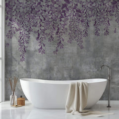 Tapet Personalizat Floral cu flori curgatoare mov pe un perete de ciment gri - CONCRETE LILA FLOWERS