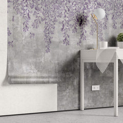 Tapet Personalizat Floral cu flori curgatoare mov pe un perete de ciment gri - CONCRETE LILA FLOWERS