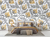 Tapet Personalizat Floral cu flori de bumbac galbene si frunze gri - YELLOW COTTON