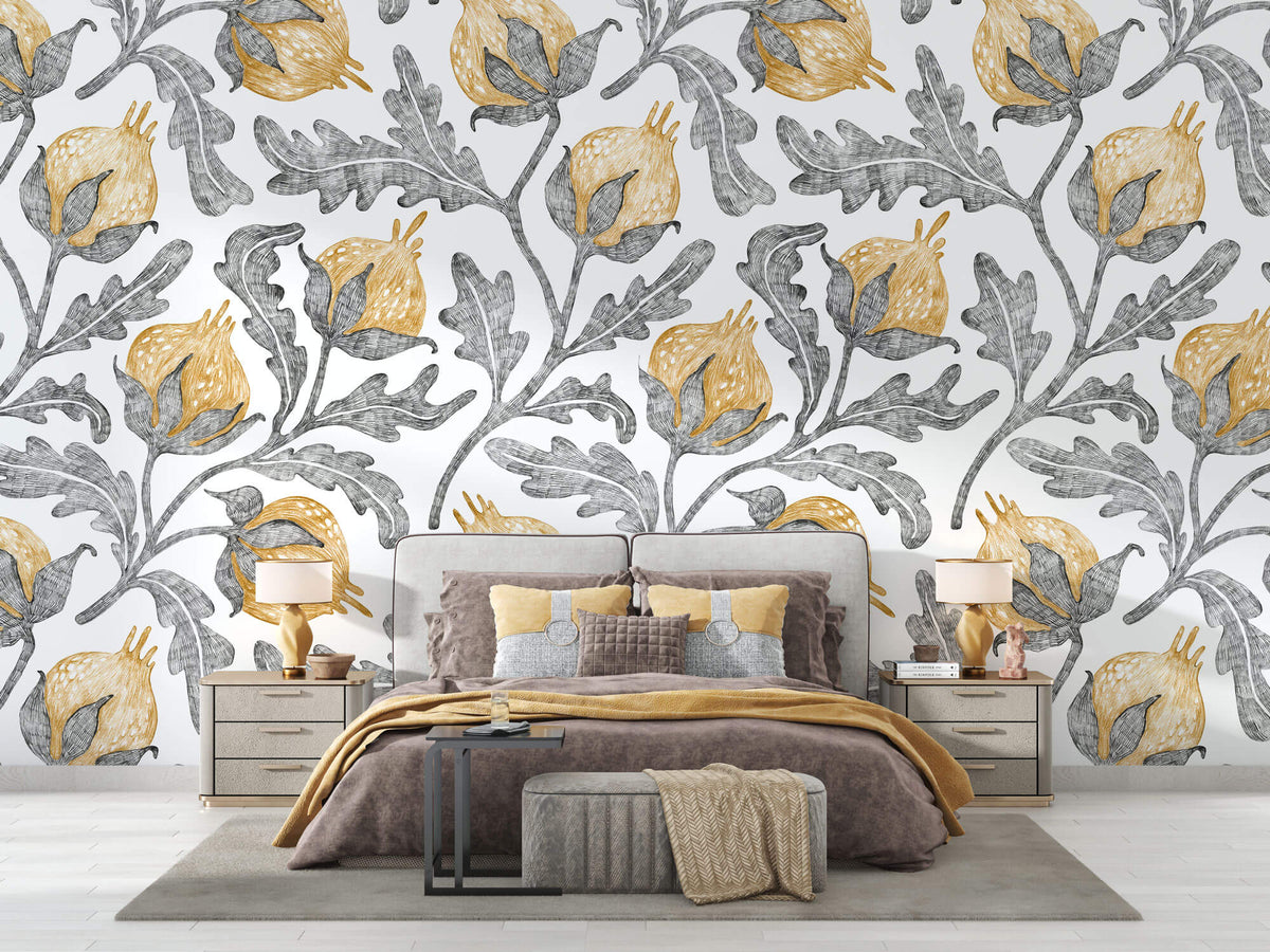 Tapet Personalizat Floral cu flori de bumbac galbene si frunze gri - YELLOW COTTON