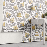 Tapet Personalizat Floral cu flori de bumbac galbene si frunze gri - YELLOW COTTON
