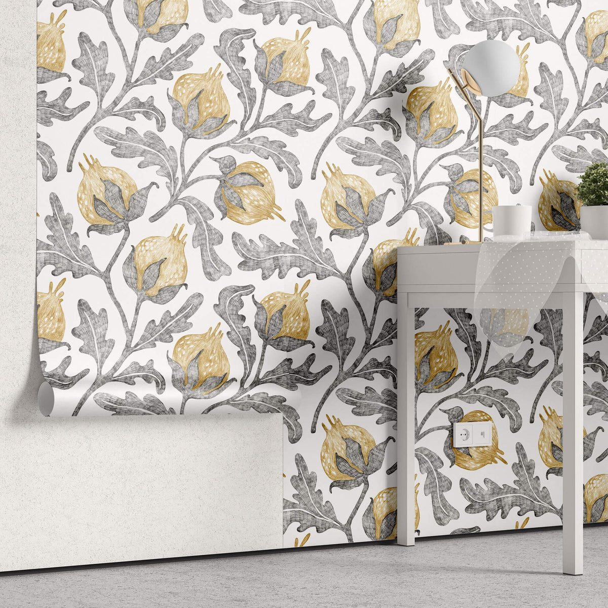 Tapet Personalizat Floral cu flori de bumbac galbene si frunze gri - YELLOW COTTON