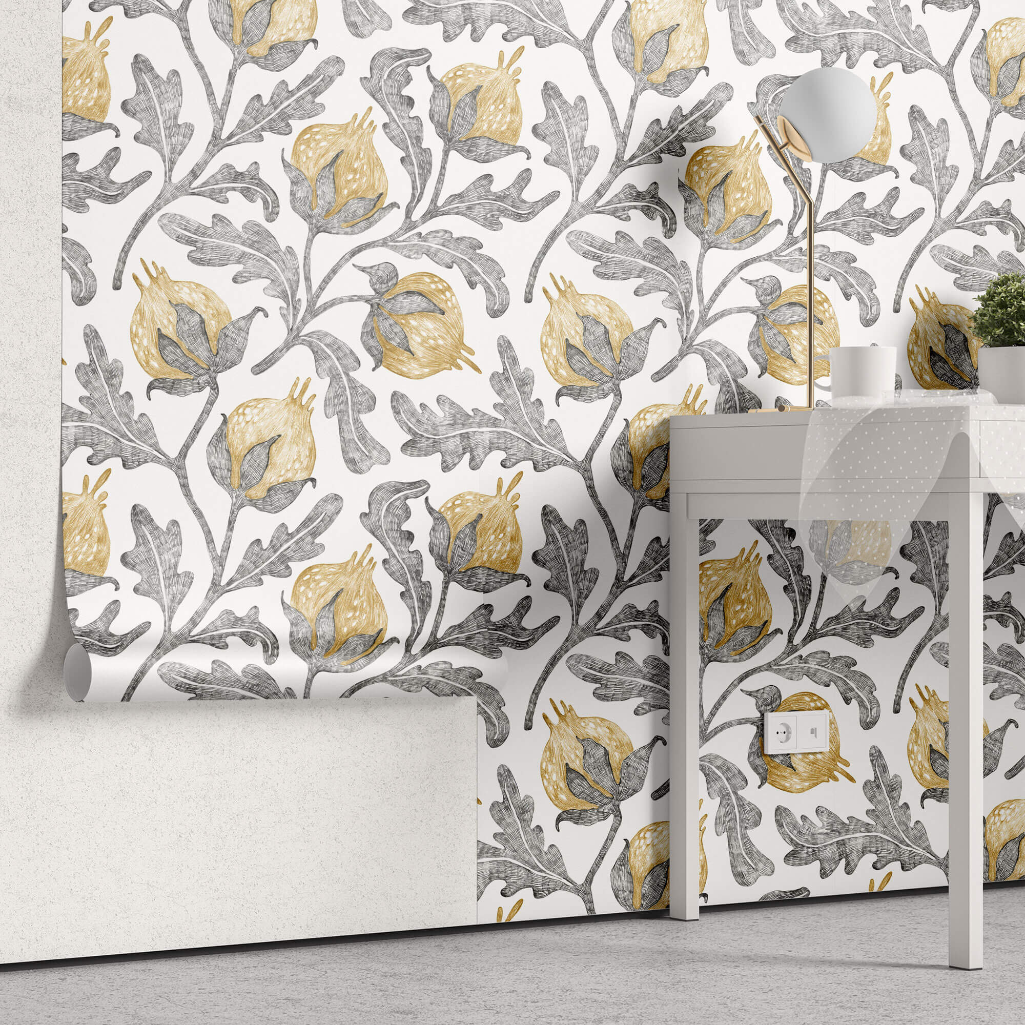Tapet Personalizat Floral cu flori de bumbac galbene si frunze gri - YELLOW COTTON